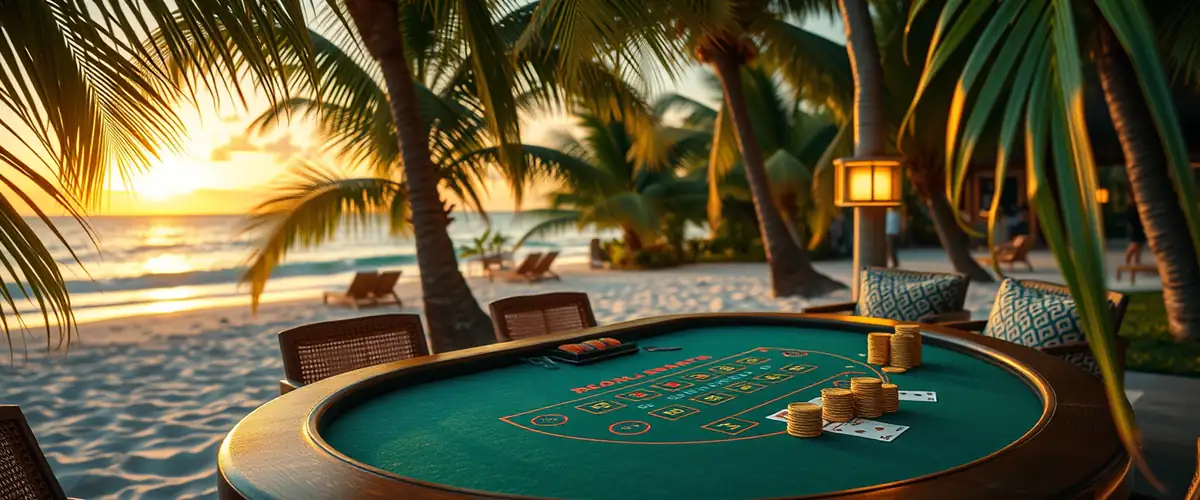 Table de blackjack sur une plage tropicale au coucher du soleil — casino gratuit août 2026