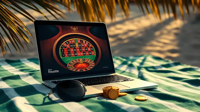 Ordinateur portable avec une roulette en ligne sur une serviette de plage — jouer gratuitement en août