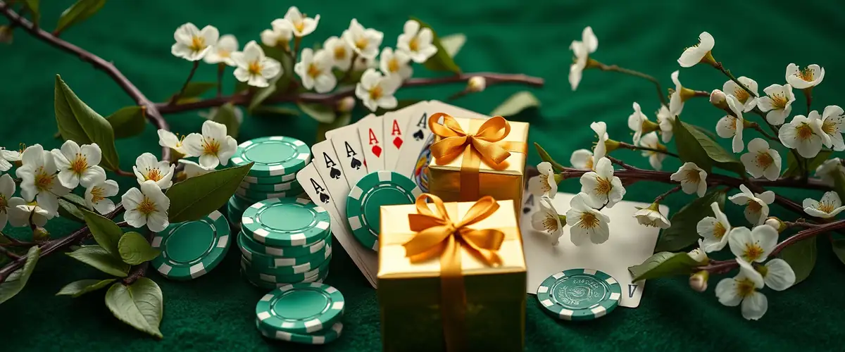 Jetons de casino verts et dorés, cartes et cadeau parmi des fleurs de printemps — casino gratuit avril 2026