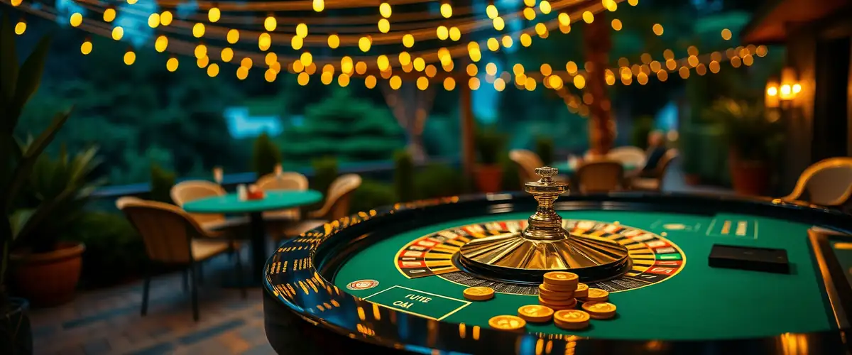 Terrasse de casino en été, roulette et jetons dorés — casino gratuit juin 2026