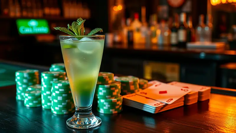 Cocktail d’été et jetons de casino verts et dorés — bonus gratuits de juin
