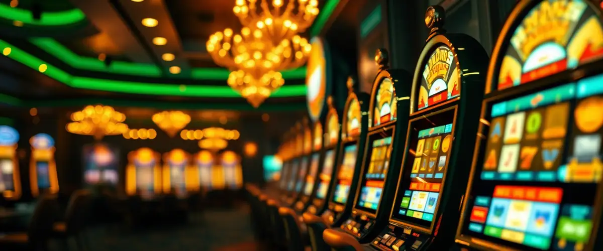 Machines à sous illuminées dans un salon de casino émeraude — offres gratuites mai 2026
