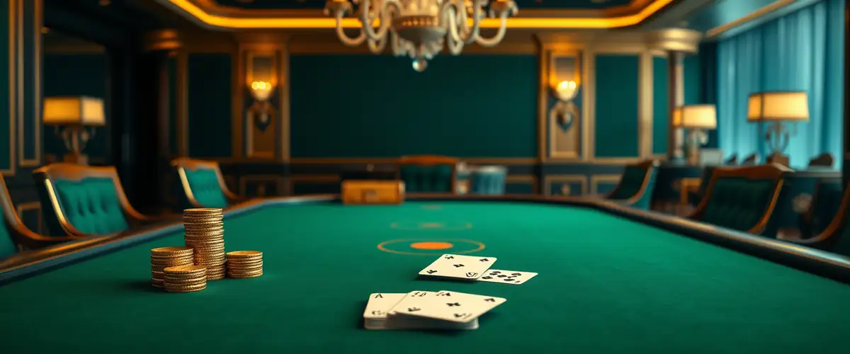 Salon de baccarat privé : table en feutre vert, cartes et piles de jetons dorés