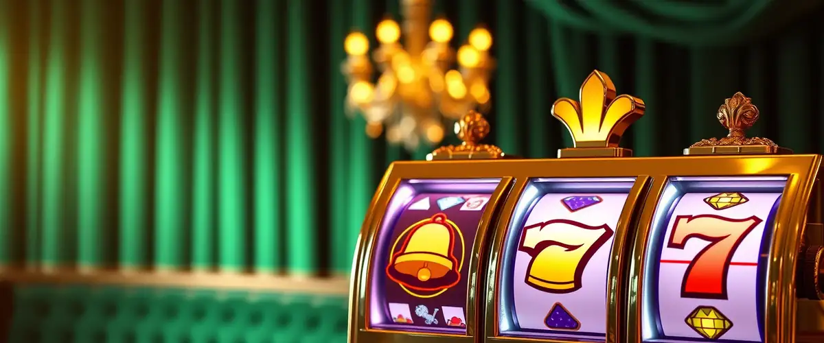 Machines à sous dorées aux rouleaux illuminés dans un salon de casino émeraude